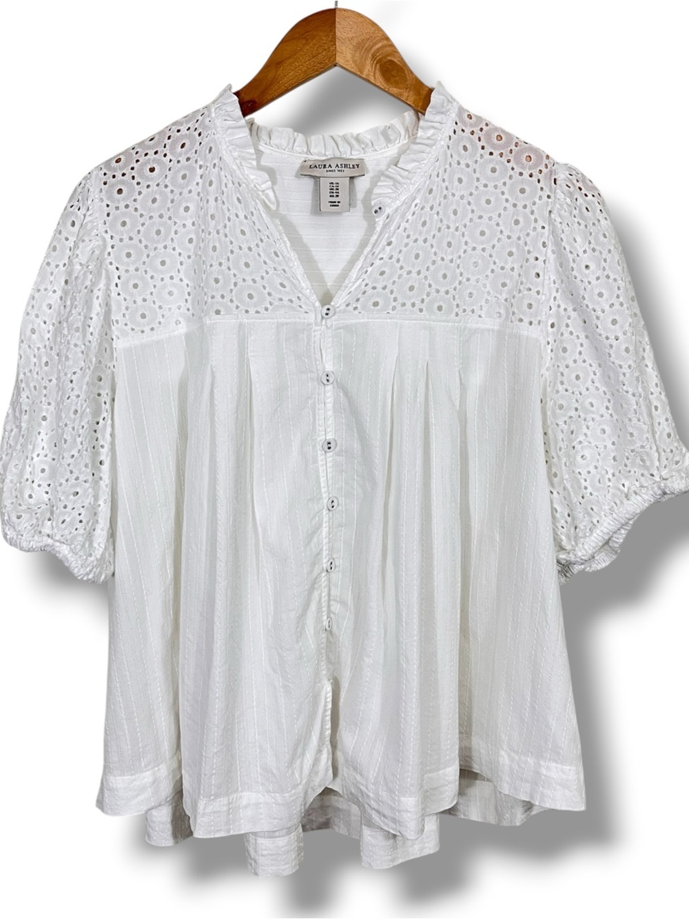 Laura Ashley White Puff Sleeve Blouse Eyelet Yoke Design Size 1X